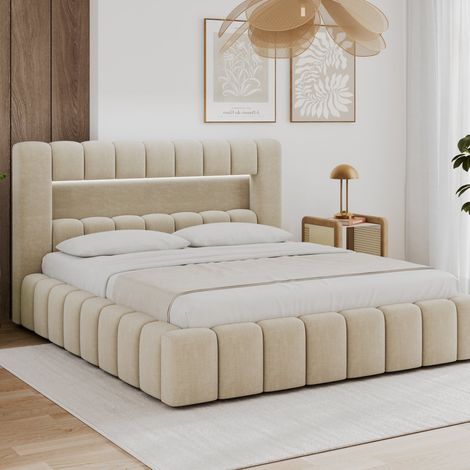 Cama con cajón de 180 x 200, con somier y luces LED incluidas, modelo Auria, terciopelo beige (1/5)