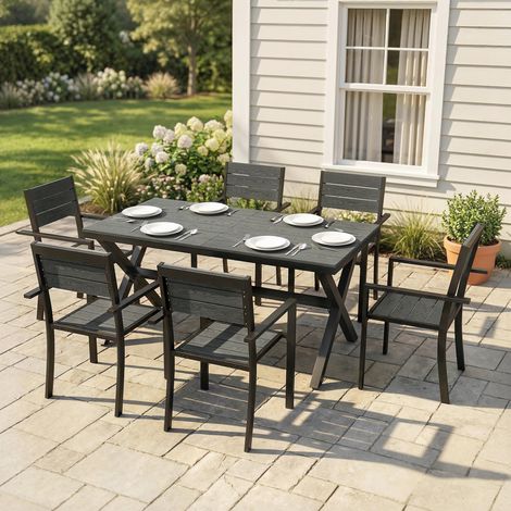 7-teiliges Gartenmöbel-Set für 6 Personen, stapelbarer Tisch und Stühle mit Latten in Holzoptik, Aluminiumrahmen, Grau