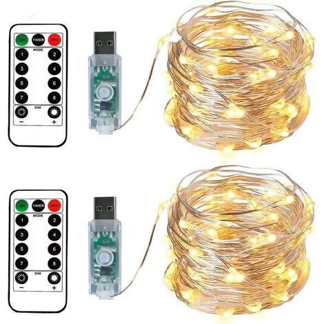 Guirlande lumineuse d'extérieur 2 x 10 mètres 100 LEDs – Blanc chaud – Prise USB avec télécommande – 8 modes d'éclairage étanches (1/5)