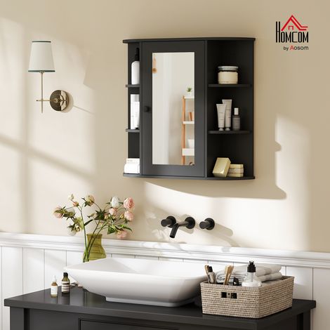 Miroir de salle Bois Noir bain avec 6 étagères ouvertes et 2 fermées en verre 66x17x63 cm