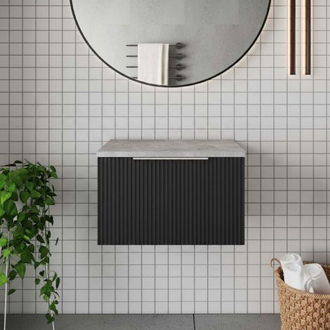 Hudson Reed Fluted Wall Hung 1-Drawer Vanity Unit with Ballato Grey Worktop 600mm Wide - Satin Anthracite (1/5)