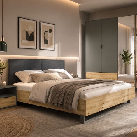 Lit adulte moderne bois et tissu 160x200cm MURANO