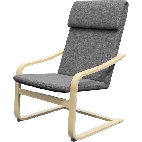 Fauteuil gris et naturel aspect lin avec appui-tête et accoudoirs, structure bois