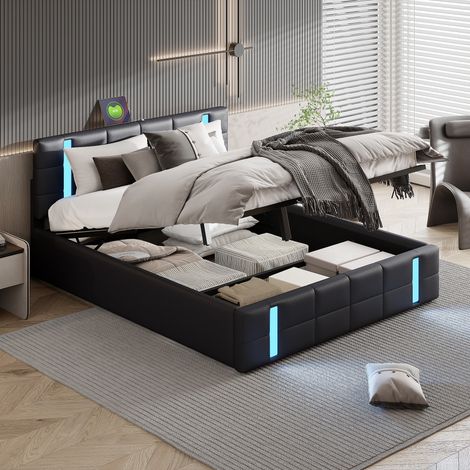 Tanant – Lit coffre 160x200 cm – Tête de lit avec ports USB et Type-C – Éclairage LED RVB – Rangement sous vérin à gaz – Structure métal simili cuir noir