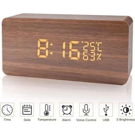 Réveil Numérique en Bois - Réveil LCD Horloge Digitale - Marron, LED, luminosité réglable - Afficher la Date Humidité Température (1/5)