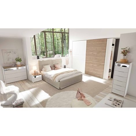 Dormitorio AMALTI blanco y roble 160 x 200 cm