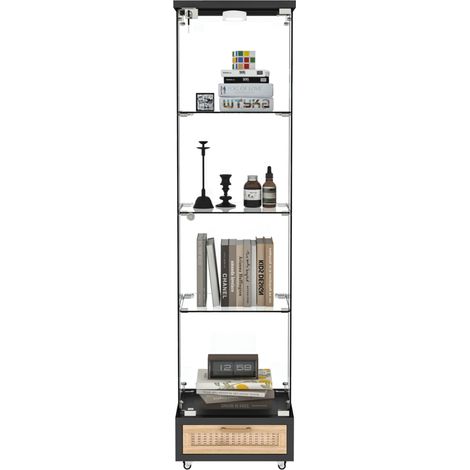 Vitrine moderne en verre avec tiroirs, vitrine avec éclairage LED, bibliothèque en verre trempé, armoire à une porte avec quatre étagères, adaptée au salon et à la chambre, noir - H167/B42.5/T36.5 cm