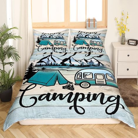 Ensemble de Literie 140x200 Housse de Couette Camping Car,Parure de Lit Rustique Farmhouse Accessoires de Camping Literie,Décoration Thème Camping Car Literie en Bois Vintage Coloré (1/5)