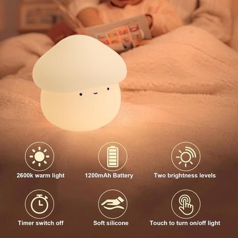 Luce notturna per bambini - Lampada da comodino a forma di fungo - Luce notturna in silicone - Luce notturna a LED ricaricabile - Luminosità regolabile con un semplice tocco - Timer integrato - Decora (1/5)