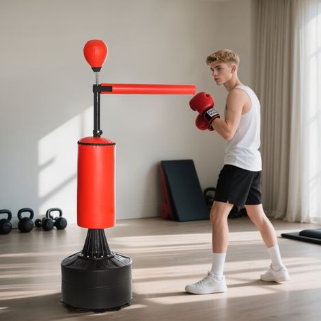 Sac de Boxe Réglable en Hauteur avec Ballon de Frappe et Socle Remplissable, 88x48x155-205 cm, Rouge et Noir (1/5)