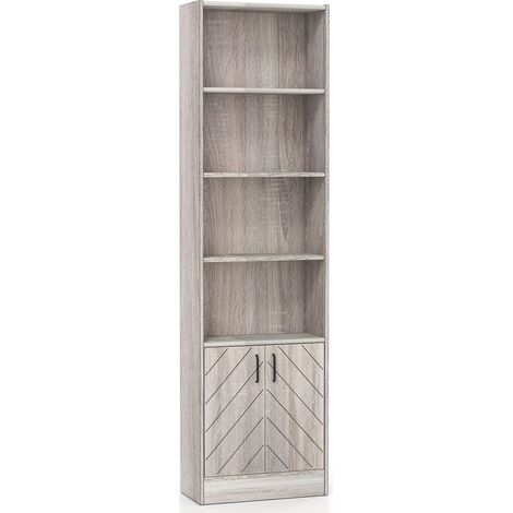 COSTWAY 6-Tier Bookshelf 180cm Tall Bookcase w/4 Open Cubes & Double Doors Grey (1/5)