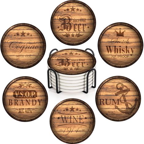 Lot de 6 Dessous de Verre absorbants avec Base en liège, Support en métal, Tapis Rond en Bois pour Table Basse en Bois, Cadeau d'anniversaire, Pendaison de crémaillère, Bar, décoration rétro (1/5)
