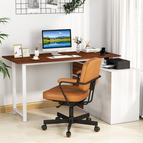 Bureau en Forme de L avec Armoire à Dossiers et Prise Électrique Table d'Angle Réversible de 138 cm avec 3 Tiroirs Station de Travail Brun (1/2)