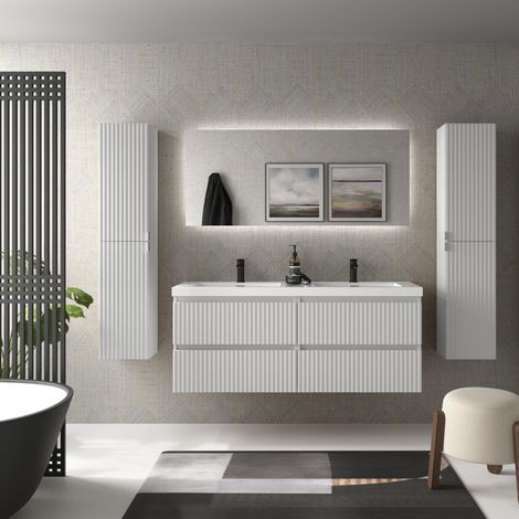 Mueble de Baño KIRA 140cm Blanco Mate 4 cajones Lavabo Toscana 2 pozas Carga Mineral (1/5)