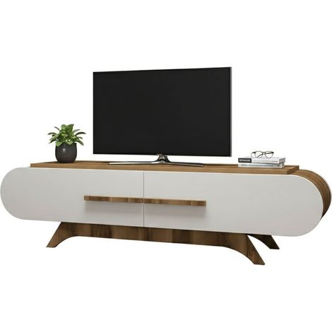 Dmora - Mobile porta TV Baghdad, Credenza da soggiorno, Armadio basso per TV, Base parete attrezzata, 145x37h50 cm, Noce e Bianco