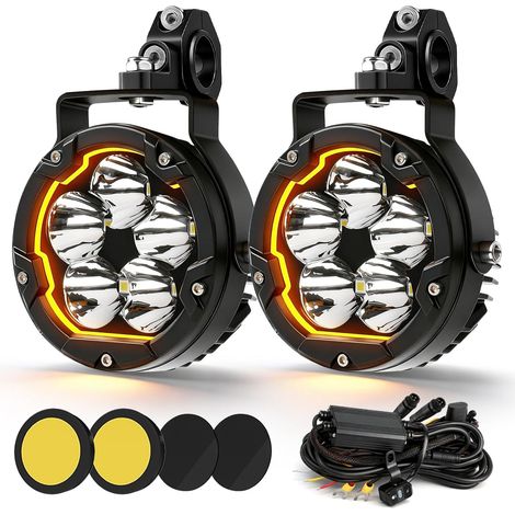 Phares Rond LED de Moto Projecteur Avant Feux de Brouillard Supplémentaires pour Moto avec Interrupteur et Support de Montage 87W14000LM (1/5)