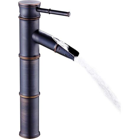 Moderne Wasserfall-Waschtischarmatur in Bambus-Optik, Antikbronze, Edelstahl, 3 Anschlüsse, ohne Ausziehablauf