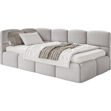 Selsey Cloudy – Jugendbett 120 cm, Bettkasten, Velours wasserabweisend, Kopfteil links, Hellgrau