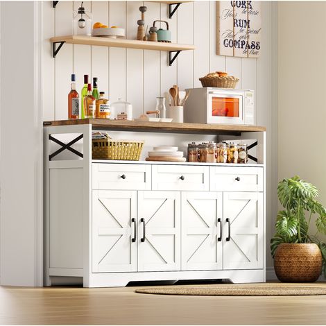 Aparador 140x35x95 cm blanco y marrón en MDF con 3 cajones, 2 puertas y espacio de almacenaje (1/5)