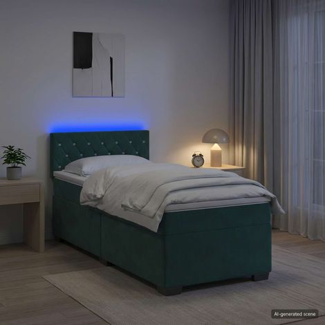 Cama con Base Tapizada, Colchón y Luz LED Verde oscuro (1/5)