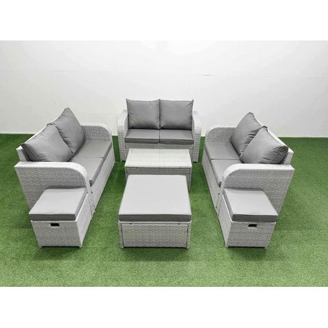 Fimous 8 Seater PE Wicker Rattan Furniture Sofa Sets with Rectangular Coffee Table 2 Seater Love Sofa 2 Stool 2 Side Table Light Grey (1/4)