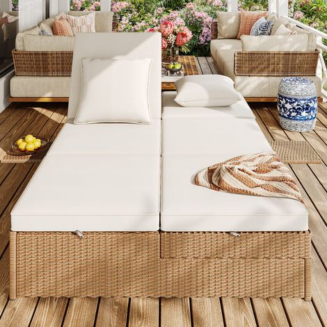 Chaise longue jardin extérieure double en rotin pliable résistante aux intempéries avec coussins blancs,adaptée salon balcon jardin. (1/5)