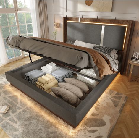 Polsterbett 140 x 190 cm mit LED, hydraulischer Hebevorrichtung und Stauraum, grau/nussbaum OKMYHOME (1/5)
