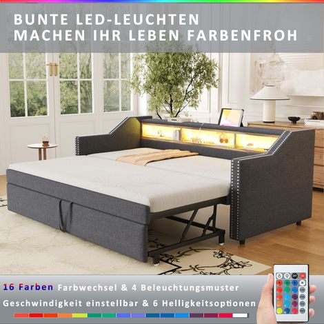 Canapé-lit convertible 90x190 cm gris anthracite, sommier à lattes intégré, espace de rangement, éclairage LED et port USB, 180 cm de couchage