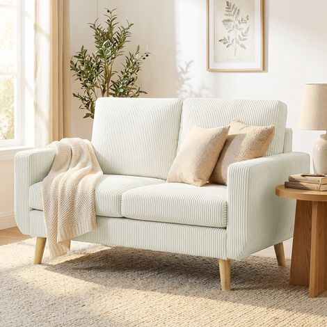Sofá de 2 Plazas de Pana 134 cm con Patas de Madera Respaldo Grueso Sofá Moderno para Salón Dormitorio Crema