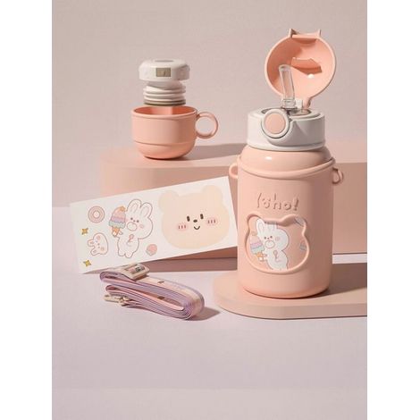 Bouteille thermos en acier inoxydable de 450ml, avec paille, bouteille d'eau thermos de dessin animé pour enfants pink three lids (1/4)
