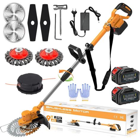 Coupe Bordure sans Fil avec Batterie 21V Brushless Débroussailleuse à Batterie avec 2 Batteries 4.0Ah et Brosse de Désherbage, 4 en 1 Télescopique Debroussailleuse Electrique sans Fil, Orange (1/5)