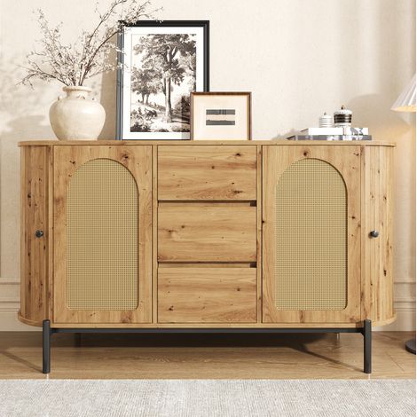 Credenza ovale 140x38x77.5 cm naturale in MDF con rattan, ante scorrevoli, cassetti e ripiani regolabili (1/5)