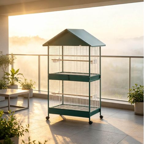 Cage à oiseaux grande avec roulettes, séparateur amovible pour créer deux espaces, plateaux coulissants, portes multiples et structure en métal, coloris vert foncé – CHICFURN (1/5)