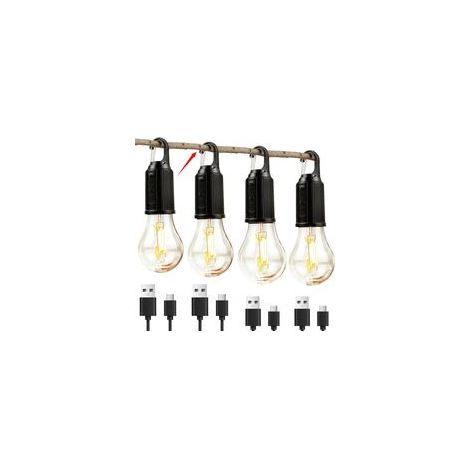 Lot de 4 lampes de camping rechargeables, ampoules pour tente avec crochet de suspension, fonction minuterie, idéales pour la randonnée, le camping et les situations d'urgence (noir)617.8cm (1/5)