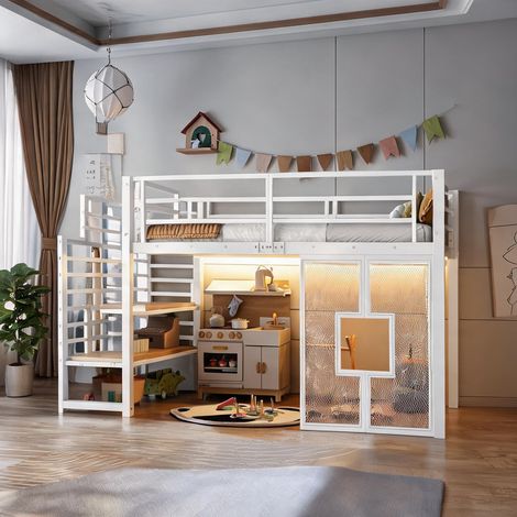 Cadre de lit coloris blanc en fer MDF 257 x 98 x 128 cm (1/5)