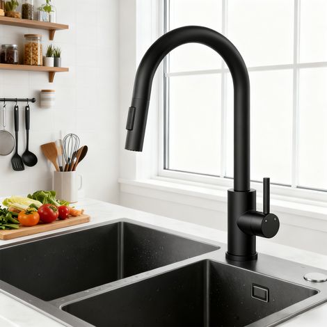 AICA Küchenarmatur mit 2 Wasserauslassmodi ausziehbarer Brause 361° drehbar Kalt Warmwasser einstellbar Edelstahl Armatur Schwarz (1/5)