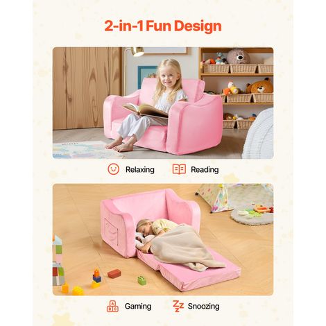 Canapé pour Enfants 2-en-1 Convertible en Chaise Longue, Canapé-lit Pliable et Moelleux, avec Accoudoirs, en Éponge 28D et Poils Courts, Sofa Tout-petits pour Chambre d’Enfants, Rose, M (1/5)