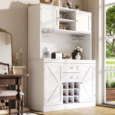 Küchenbuffet Hochschrank mit 4 Türen und 2 Schubladen, verstellbaren Einlegeböden und Weinregal, für Küche, MDF, Weiß