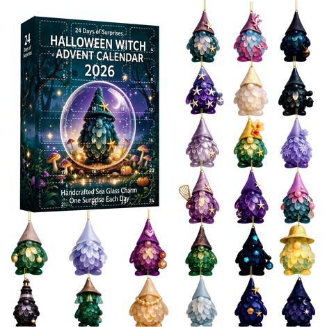 Calendario dell'Avvento di Halloween con streghe e folletti 2026 - 24 pezzi decorativi in acrilico 2D, stile vetro di mare - Calendario dell'Avvento di 24 giorni per decorare feste e regali (1/5)