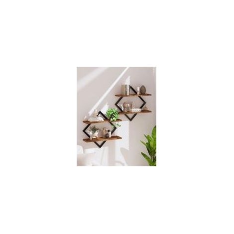 Étagère flottantes, Lot de 2, Étagères murales à 2 Niveaux, Rangements Suspendus avec Cadre métallique losangé, pour Salon, Chambre, , Bureau, Marron Rustique et Noir (1/5)