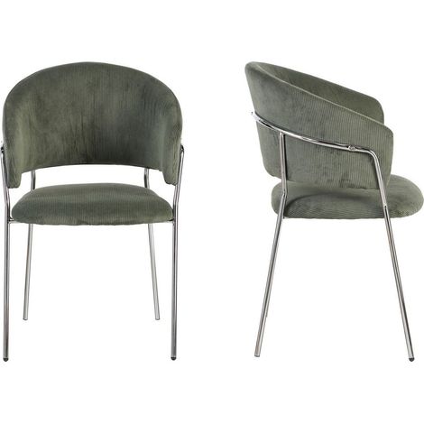 Lot de 2 chaises en velours côtelé vert kaki et piètement chromé - Isya (1/5)