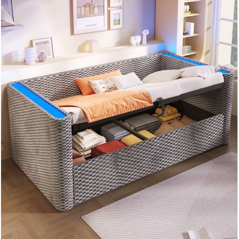 letto contenitore 90x200 con LED velluto grigio OKMYHOME (1/5)