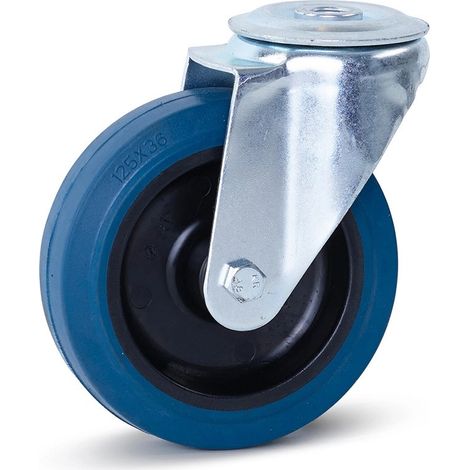 Roulette pivotante - MESO - Caoutchouc élastique bleu - 125mm - 180kg - Trou central (1/2)
