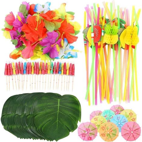 Kit de décoration fête hawaïenne 108 pièces feuilles fleurs parasols pour thème plage tropical