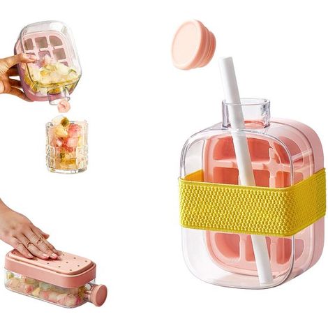 Bouteille à glaçons 2 en 1 avec paille et bouchon étanche, mécanisme de pression, 500 ml, pour réfrigérateur, voyage et sport, rose (1/5)