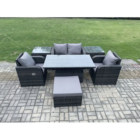Fimous Extérieur Rotin Meubles Table De Jardin Ensemble Hauteur Réglable Table Élévatrice Amour Canapé Chaise avec 2 Tables D’appoint Grand Tabouret De Pied (1/5)