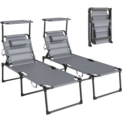 Lot de 2 chaises longues pliantes grises avec dossier réglable multipositions et pare-soleil, transats confortables (1/5)