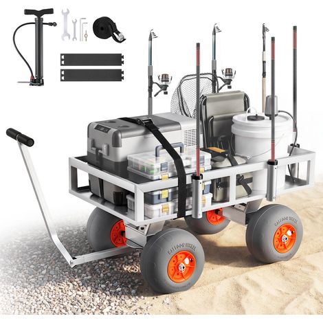 Chariot de Pêche, Capacité de Charge 159 kg, Chariot de Transport Matériel de Pêche pour Camping Plage, Pneus Gonflables Tout-Terrain en PU 330 mm, Cadre en Alliage d'Aluminium, 6 Porte-Cannes (1/5)