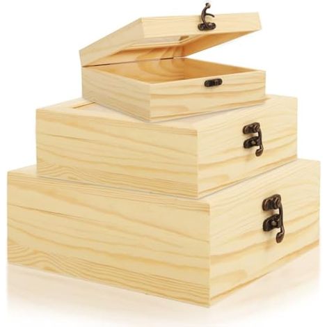Lot de 3 boîtes de rangement rectangulaires en bois de pin brut avec couvercles à charnière et fermoir pour loisirs créatifs, loisirs et souvenirs – Boîtes de rangement rectangulaires en bois de pin (1/5)
