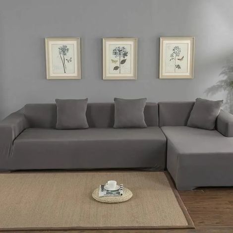 Housse de canapé extensible grise pour canapé d'angle 3+2 places - polyester, lavable (1/4)
